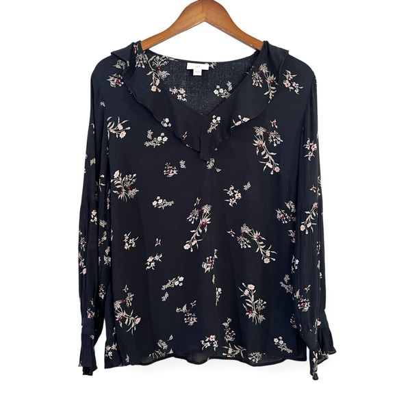 J Jill Top Womens Size M Blouse Black Crinkle Floral Long Sleeve Ruffle V Neck - Picture 1 of 10
